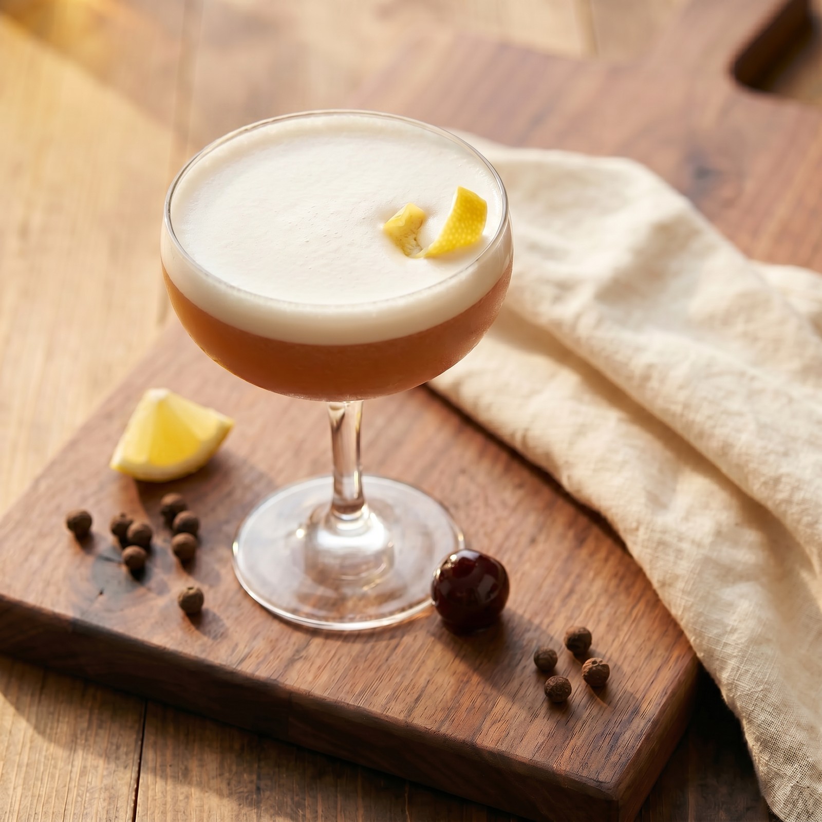 Amaretto sour with thick velvety white foam in a chilled coupe glass, lemon twist and brandied cherry garnish, scattered allspice berries on a walnut board