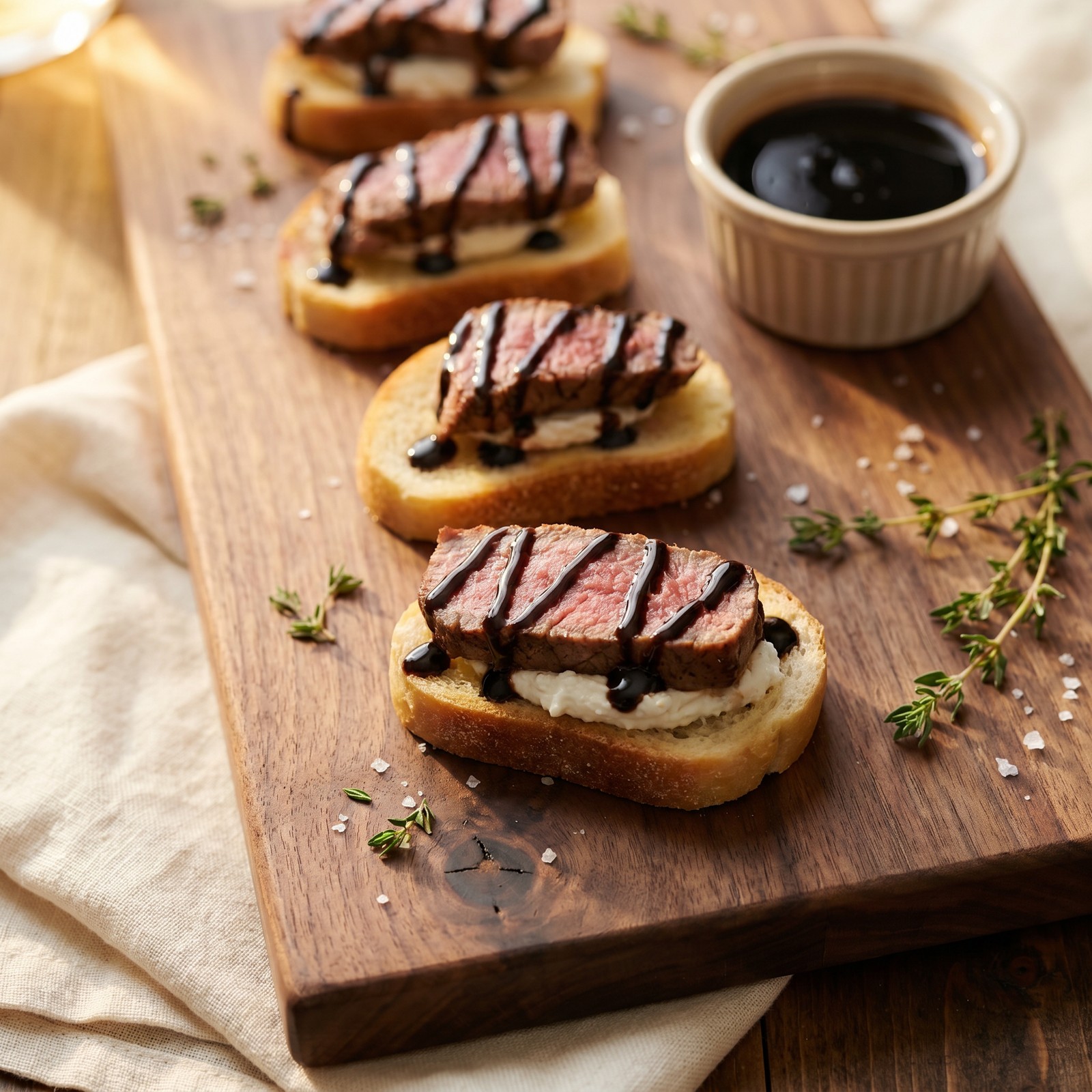 Filet mignon and goat cheese crostini with balsamic drizzle on a rustic wooden board
