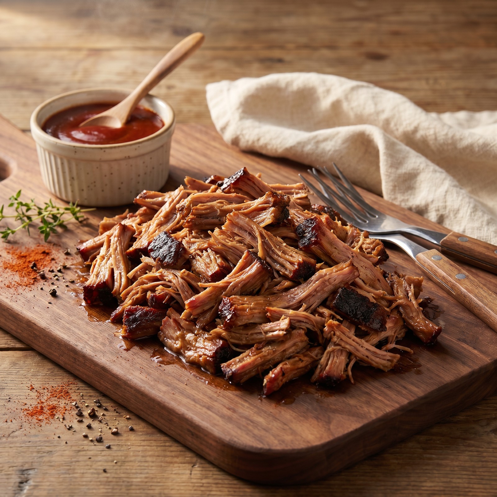 Mound of smoked pulled pork with dark bark pieces on a walnut board, stoneware ramekin of BBQ sauce, pulling forks, thyme and paprika scatter, cream linen