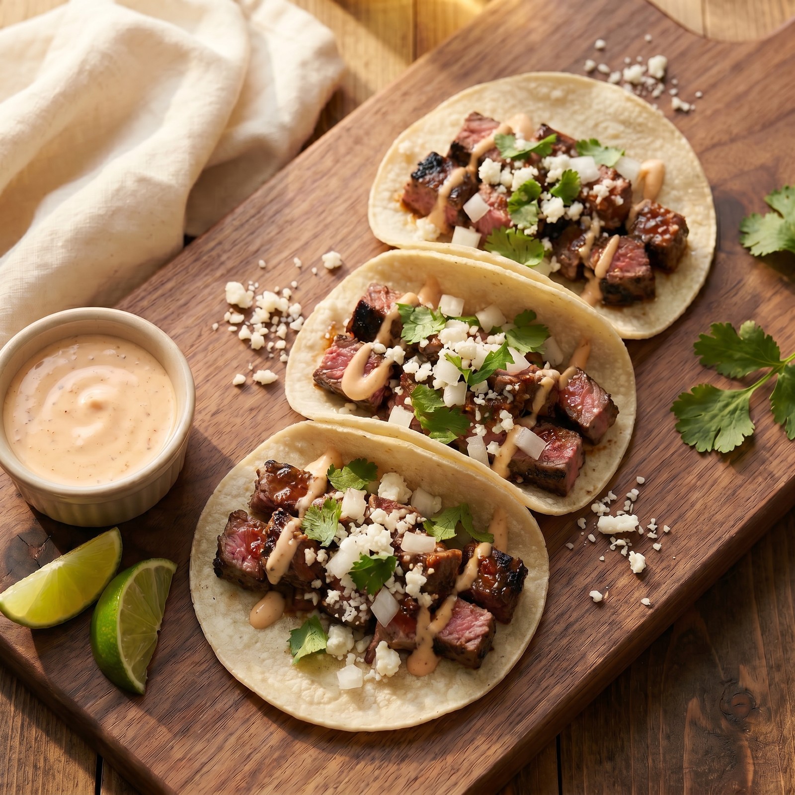 Three steak street tacos with chili-spiced sirloin chunks, cotija, white onion, cilantro on a walnut board with a stoneware ramekin of chili-lime aioli and lime wedges