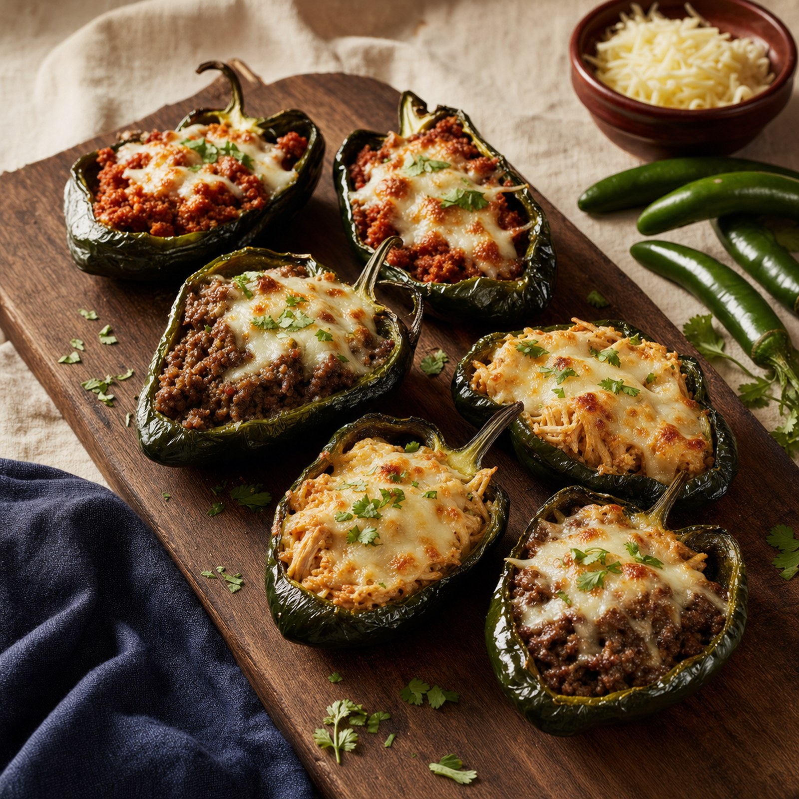 Six roasted poblano pepper halves on a walnut board stuffed with chorizo, ground beef, and ground chicken fillings under browned shredded cheese, with a brick-red bowl of cheese and whole serrano peppers on cream linen