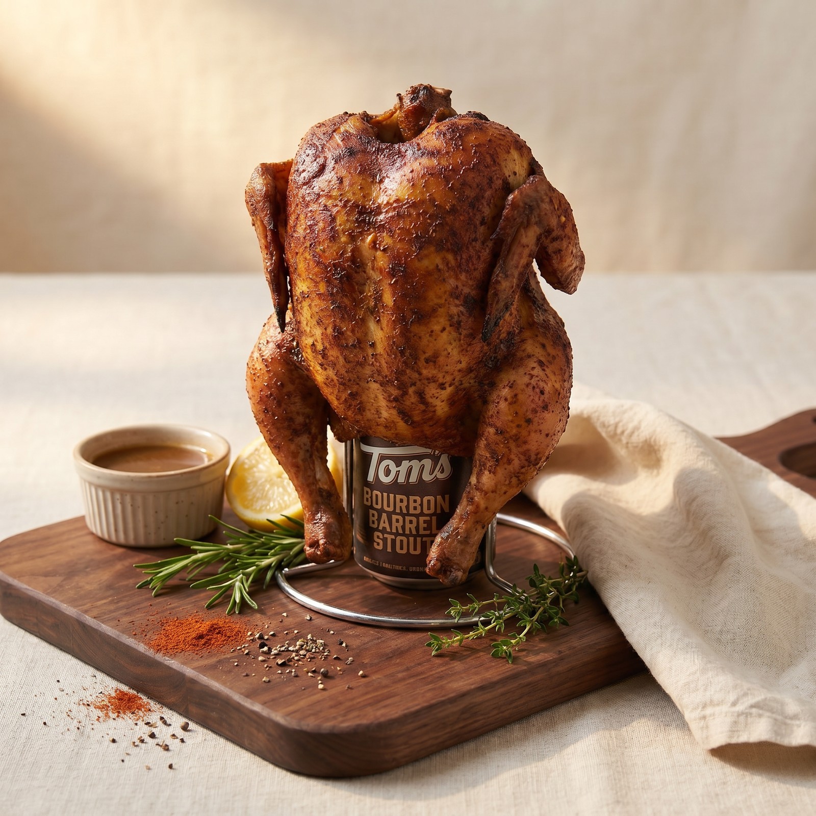 Whole upright smoked chicken with mahogany skin propped on a half can of bourbon barrel stout on a walnut board with pan jus, lemon, rosemary, and a scatter of smoked paprika