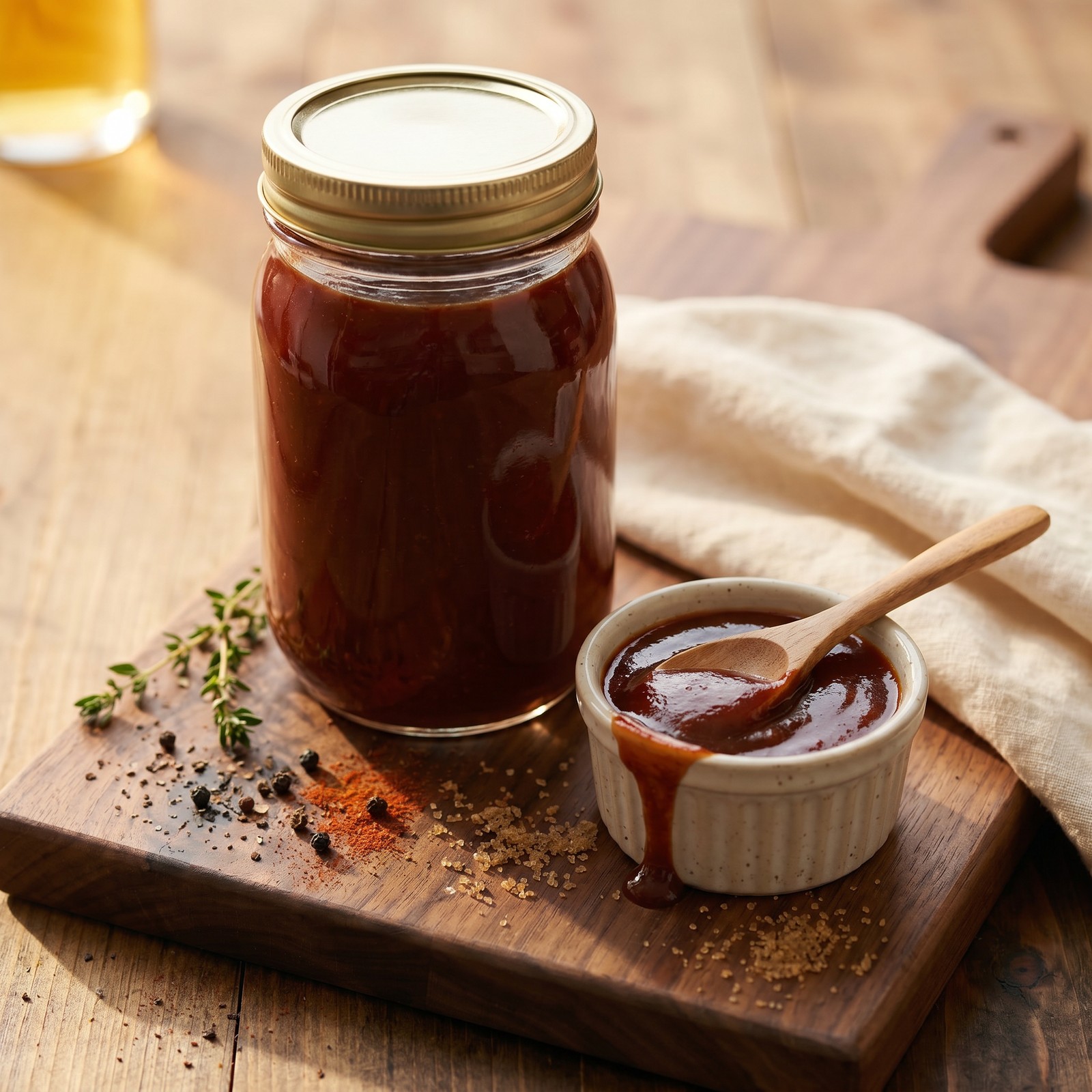 Glossy mahogany barbecue sauce in a mason jar with a small stoneware ramekin and wooden spoon on a walnut board, cream linen napkin and warm side light